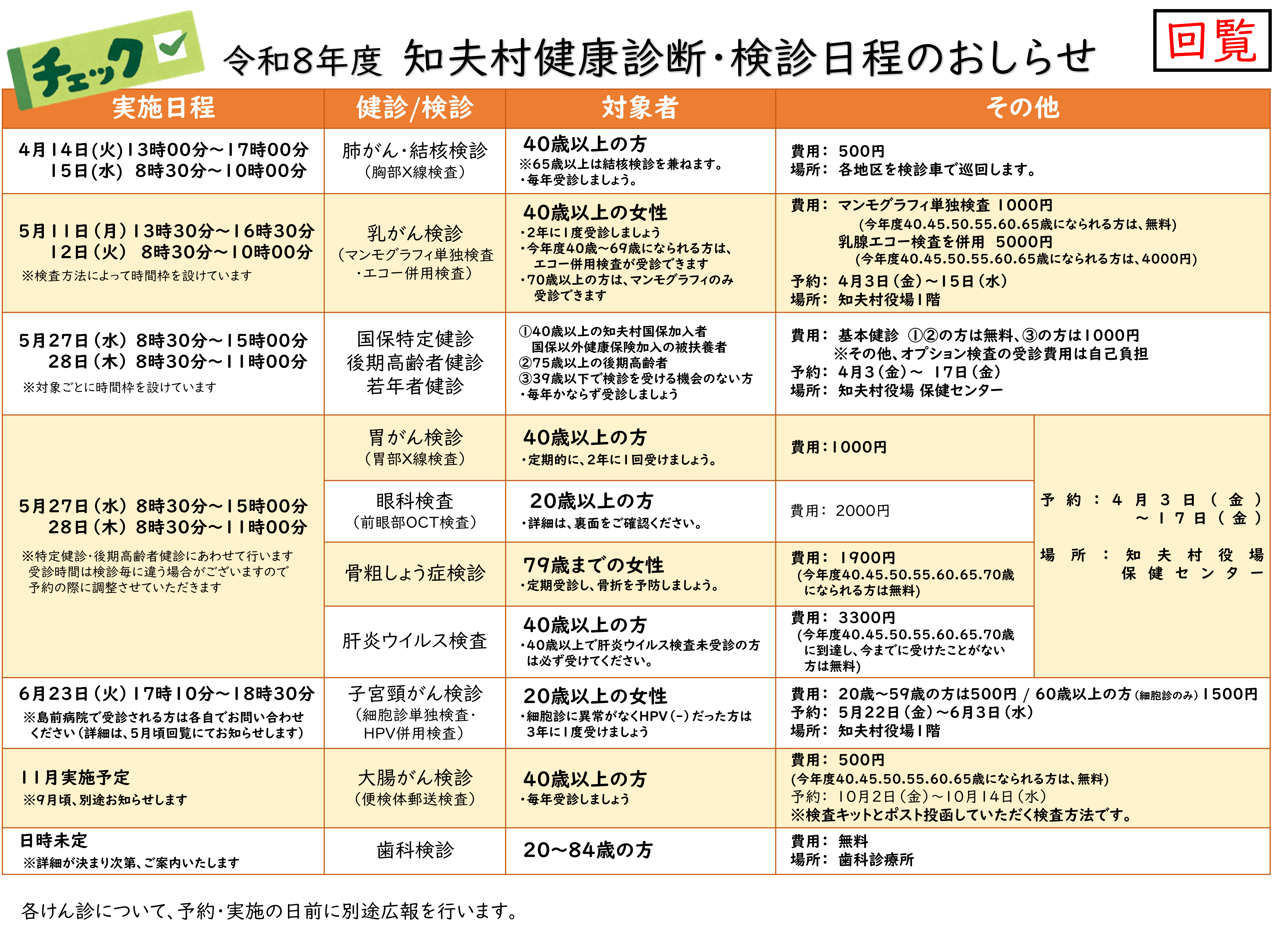 R8　知夫村健康診断・検診日程